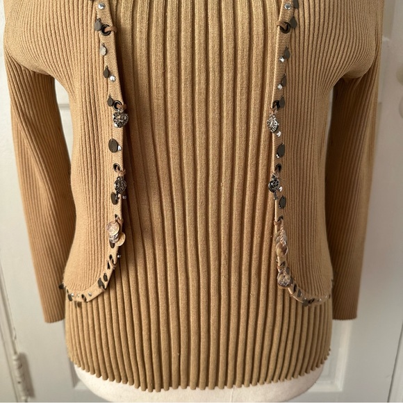 Cable & Gauge Ribbed Knit Cardigan Sweater Silk Matching Top Neutral Minimalist - Picture 7 of 17